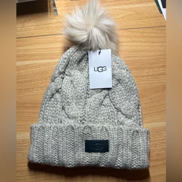 UGG Light Gray Cable Knit Beanie with Pom - Picture 3 of 5